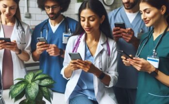 a group of nurses using mobile phone. Best Apps for Nurse Practitioners