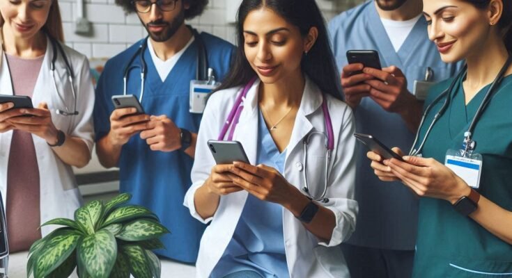 a group of nurses using mobile phone. Best Apps for Nurse Practitioners